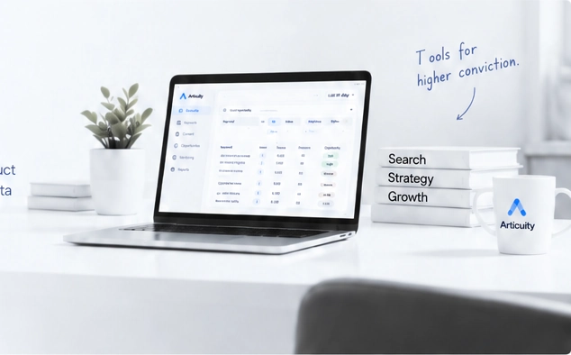 Articuity workspace shown on a laptop at a clean desk